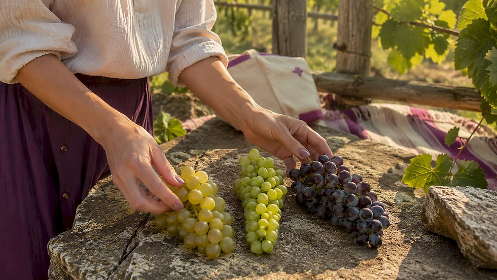 Close-up of hands holding various grape varieties
