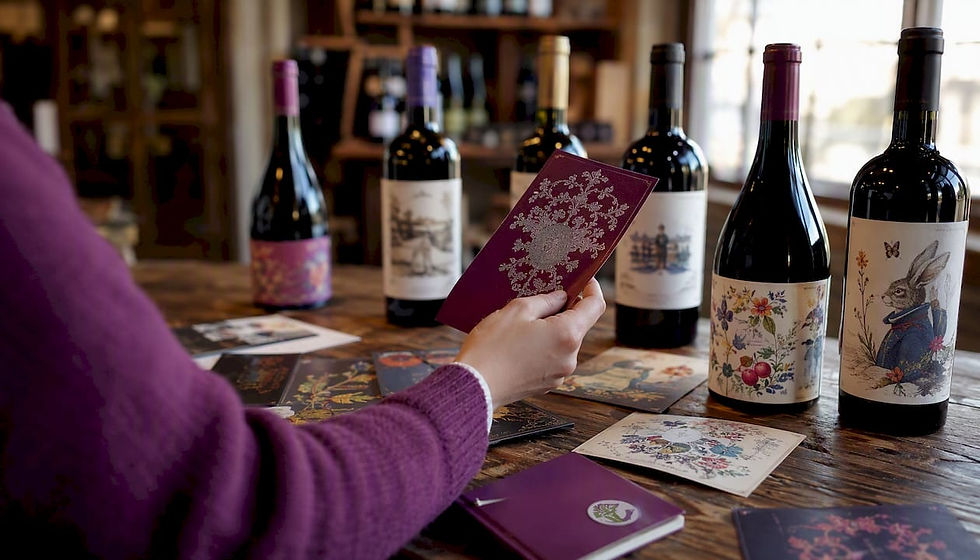 Hand comparing various wine label styles on bottles