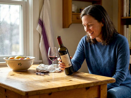 Woman examining wine bottle vintage label