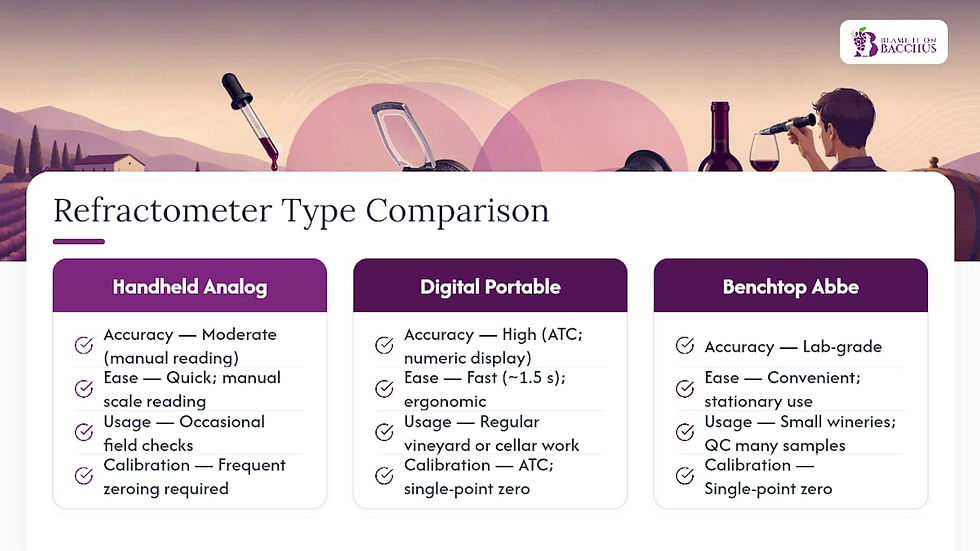 Comparison chart of wine refractometer types