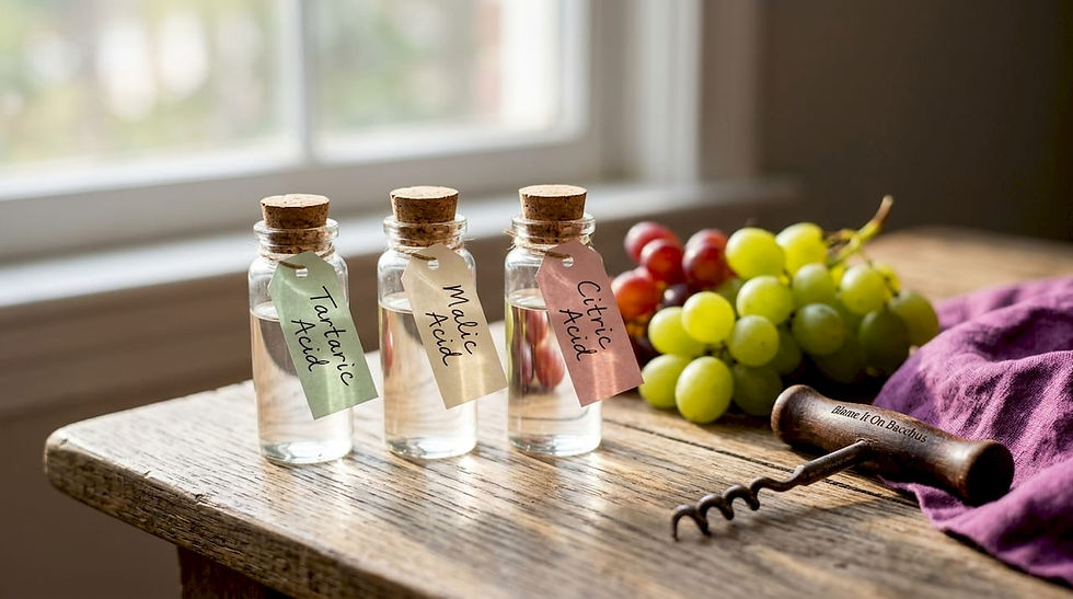 Close-up of acids samples and grapes on wood