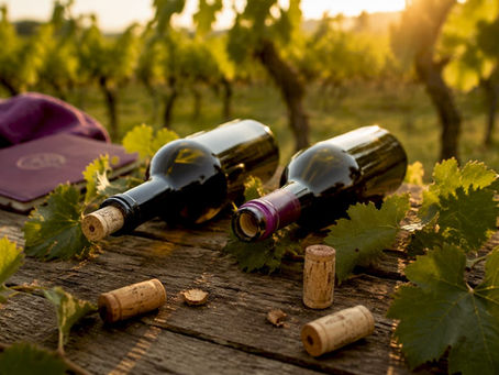 Wine bottles with cork and screw cap on wooden table