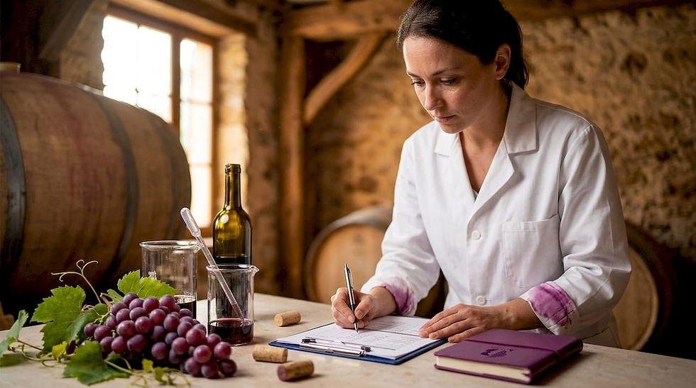 Lab technician testing wine in oak cellar