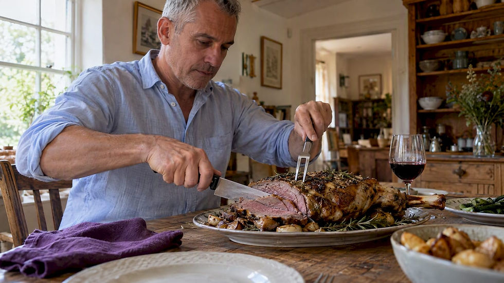 Roast leg of lamb served with red wine