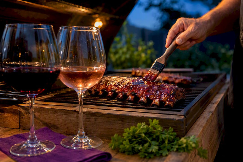 Sauced barbecue ribs beside contrasting wine glasses