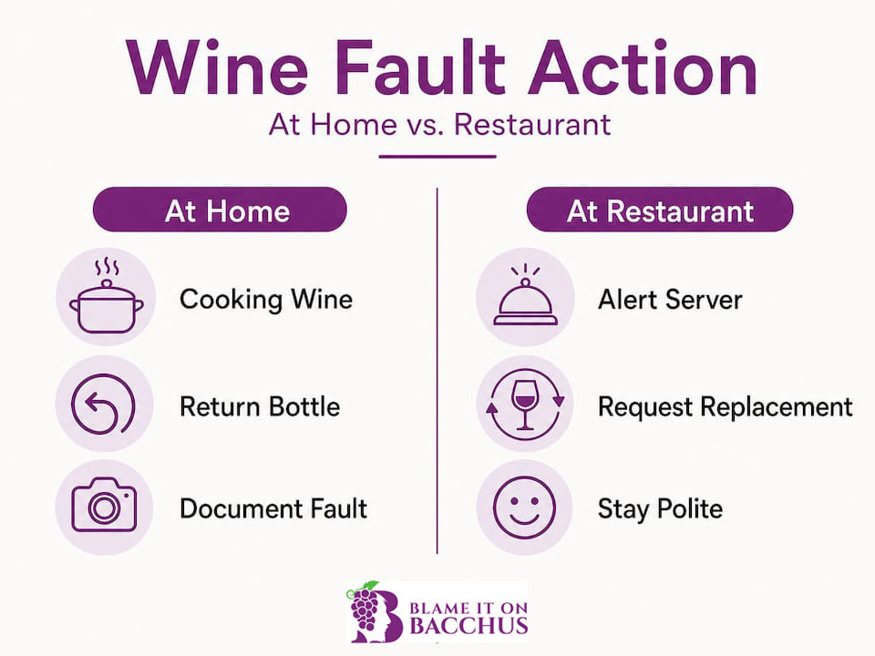 Infographic showing actions for wine faults at home and restaurants