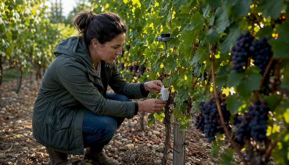 Hands placing climate sensors in vineyard
