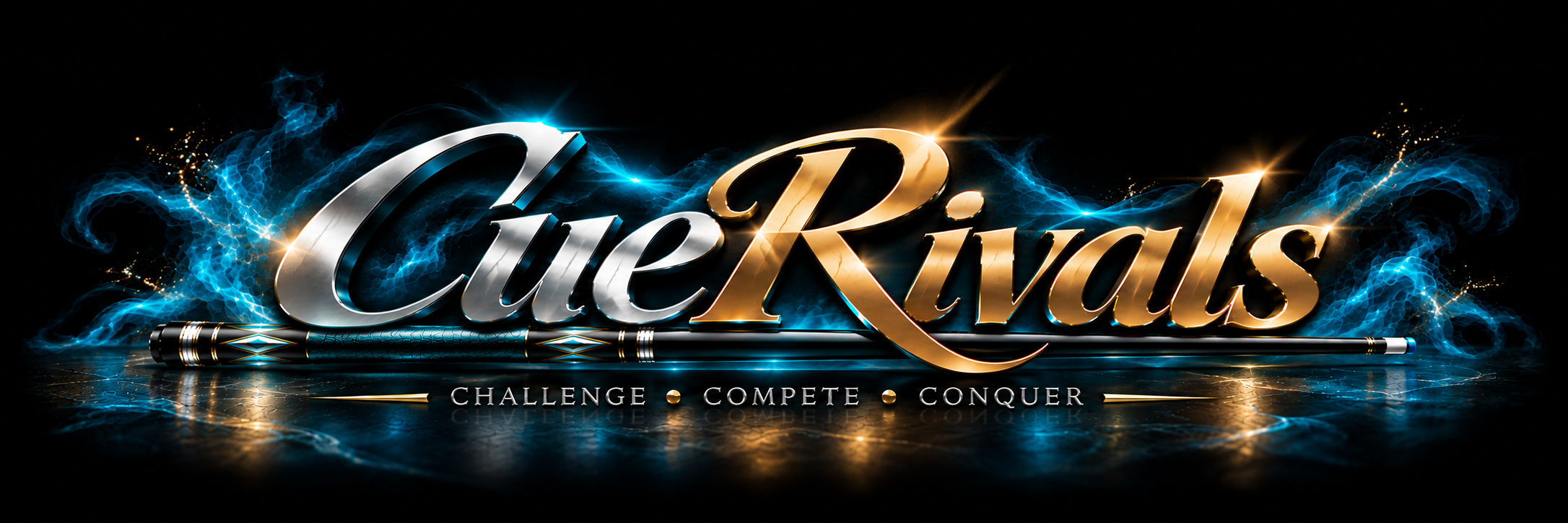 CueRivals — Challenge, Compete, Conquer; silver and gold lettering with a black billiards cue and teal-blue smoke