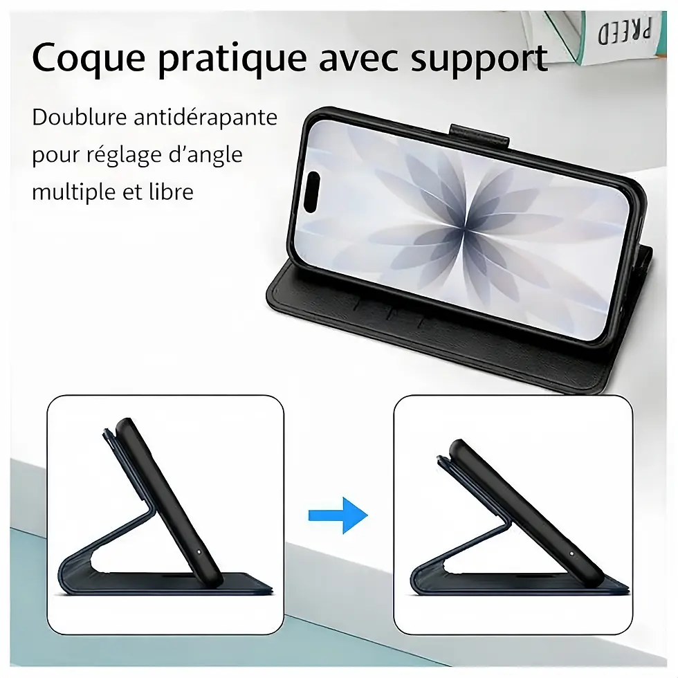 Miniature : coque noir portefeuille iphone 17 avec support pliable angle réglable vision confortable
