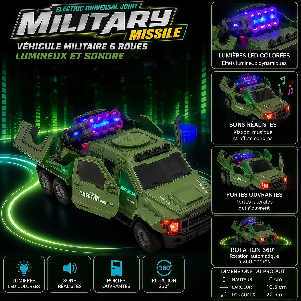 Véhicule blindé jouet 6 roues bleu avec lumières LED et effets sonores