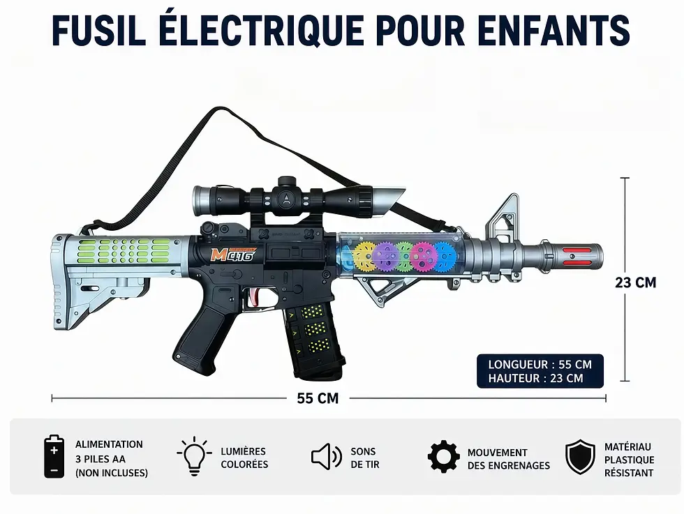 Fusil jouet électrique 55 cm avec LED, sons et engrenages mobiles