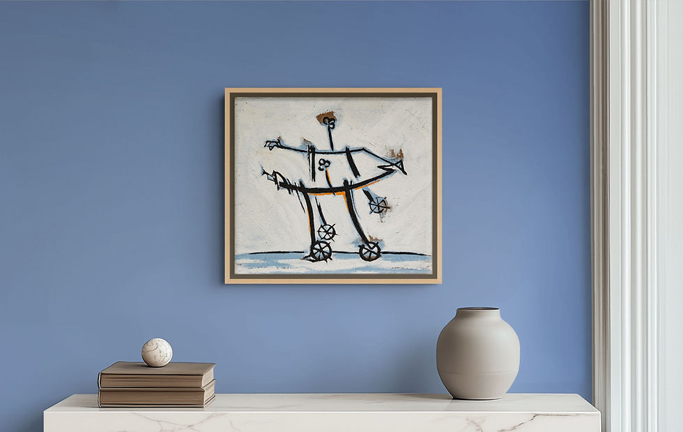 Die Tanzenden – abstraktes Gemälde, 45 × 50 cm | Form-Finder
Abstraktes Gemälde mit zwei schwarzen Linienfiguren auf Rädern vor strukturiertem weißem Grund, mit Blau und Orange. Original, 45 × 50 cm. Auch als Auftragsarbeit im Großformat möglich.