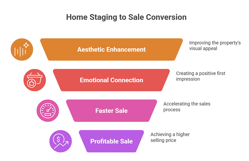 Home Staging to Sale Conversion flowchart: Aesthetic Enhancement, Emotional Connection, Faster Sale, Profitable Sale. Colorful, informative.