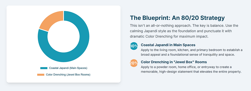 Pie chart with 80% in teal for Coastal Japandi spaces, 20% in orange for Color Drenching. Text discusses balance and design impact.