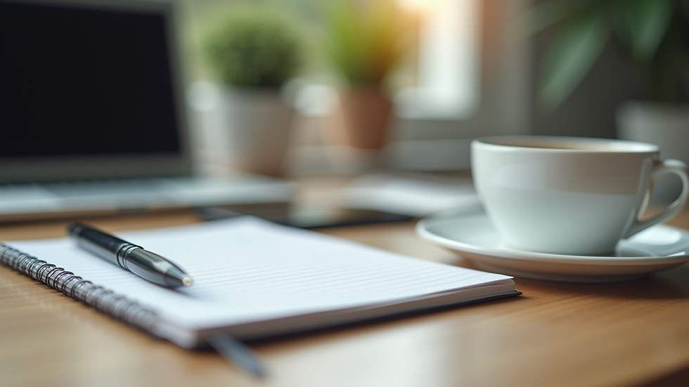 Close-up view of a notebook and pen on a desk with a cup of coffee