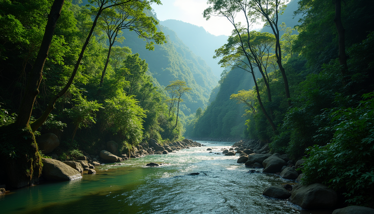 Eye-level view of the dense Bukit Lawang rainforest with a river flowing through it