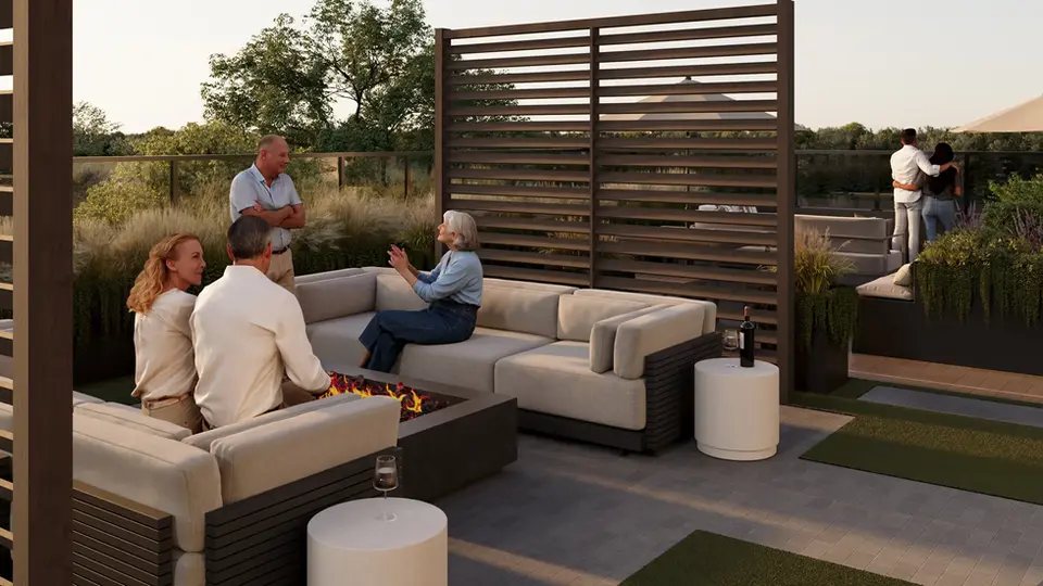 Lively rooftop patio with dining area, outdoor kitchen, firepit, green space, lounge area