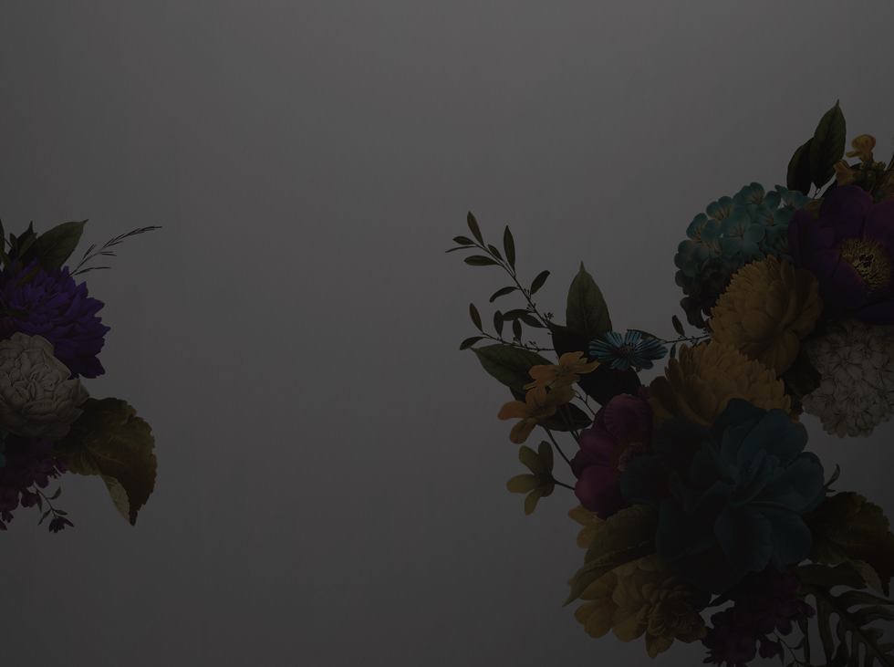 Deep almost black background with yellow blue and purple faded floral collages. Pretty branding for Frisor Salon in New Jersey.
