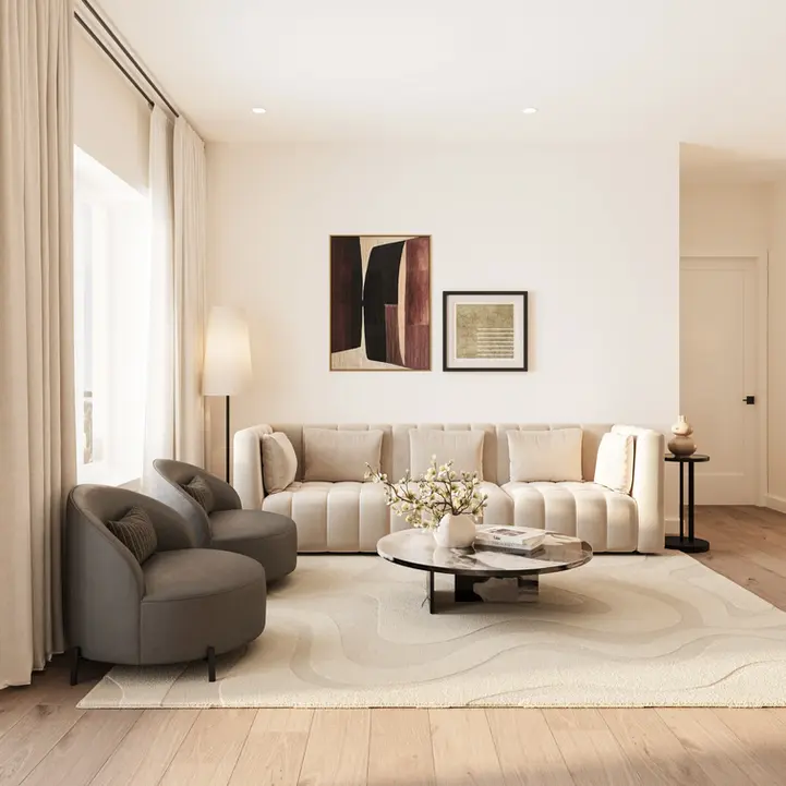 Luxury condo living area with large windows overlooking the river and electric fireplace