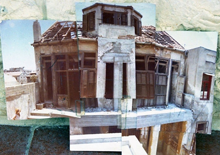 A photo collage of color photographs joined together, showing the facade of the historic Rokach House in Neve Tzedek during its restoration in 1983. The building appears in a dilapidated and neglected state prior to its renewal: the tiled roof is partially broken and exposed to the sky, the wooden shutters and windows are worn, broken, or missing, and the wall plaster is cracked and peeling. The distinctive upper turret with its wooden windows is prominent, and the lower section shows elements of an active construction site.