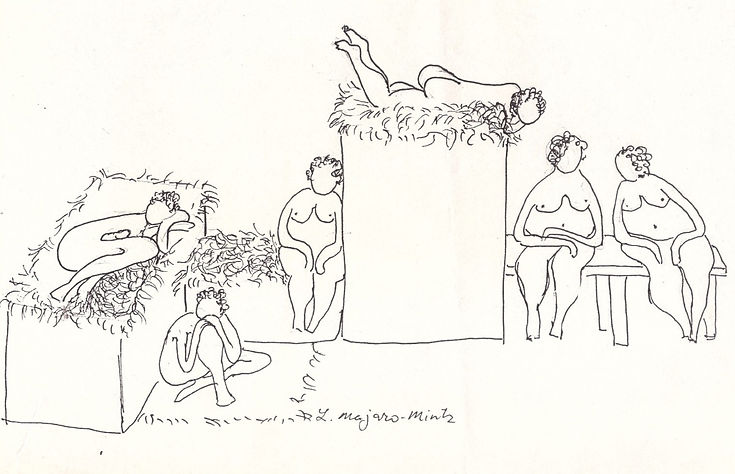 A photograph of a composition and layout sketch by the artist Lea Majaro-Mintz, outlining the arrangement and placement of multiple sculptures together. The structural plan is drawn in loose manual outlines, showing small sketches of various female figures in different poses (some seated, others reclining or leaning) as they are intended to integrate into a unified sculptural installation. Alongside the drawings, several markings, guidelines, or brief handwritten notes are visible.