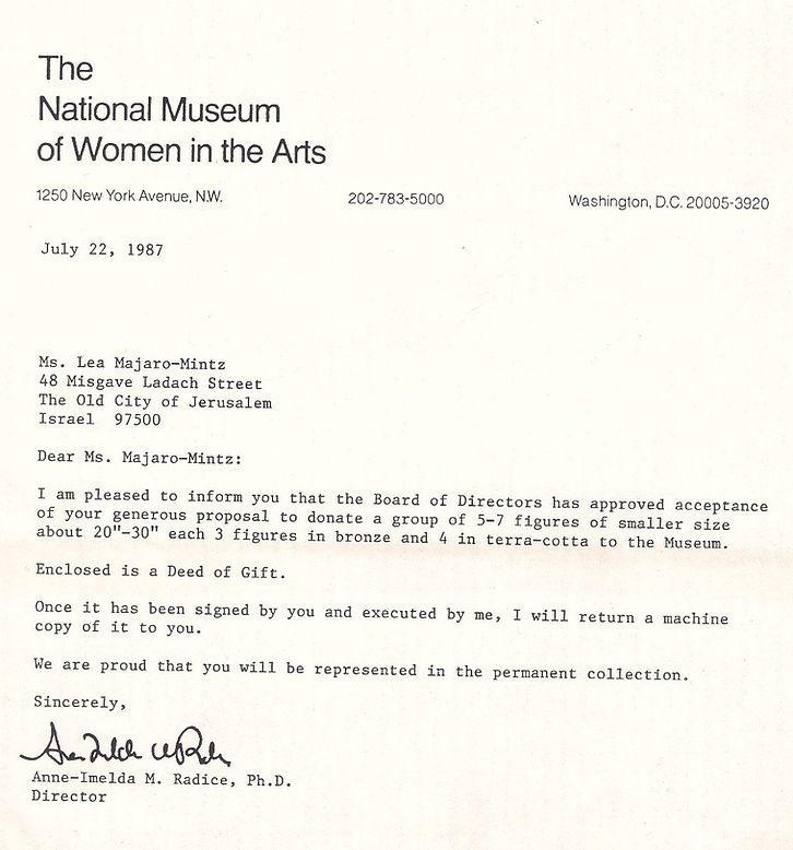 A photograph of an official letter in English, printed on the letterhead of the "National Museum of Women in the Arts" in Washington, D.C. The museum's logo is featured at the top in elegant typography. The letter is addressed to the artist Lea Majaro-Mintz, formally inviting her to exhibit her artworks and sculptures at the museum. The letter is signed at the bottom by a museum official or curator.