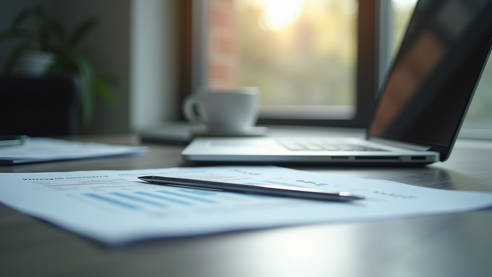 Eye-level view of a business desk with a laptop and financial documents