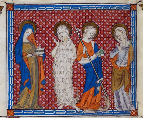 Mary Magdalene, Mary of Egypt, Margaret piercing a dragon, and a martyr holding a palm, from the Queen Mary Psalter, Royal MS 2 B VII, f. 308v