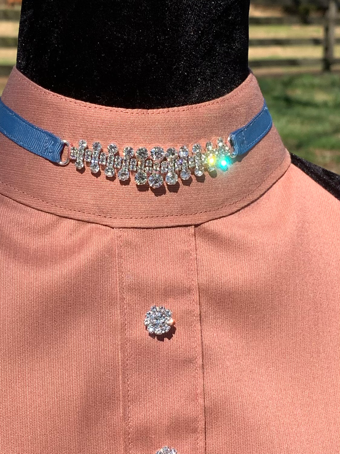 Hunt Seat Show Dickie- Peach w/ Rhinestone Bling & Blue Trim
