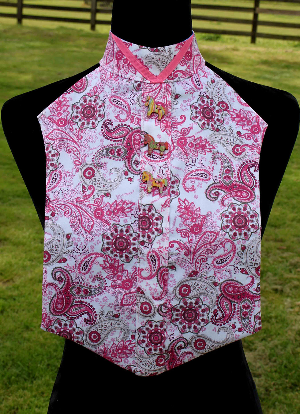 Thumbnail: Reversible Hunt Seat Show Dickie-Pink Brown Paisley Horse Buttons & Blue Glitter