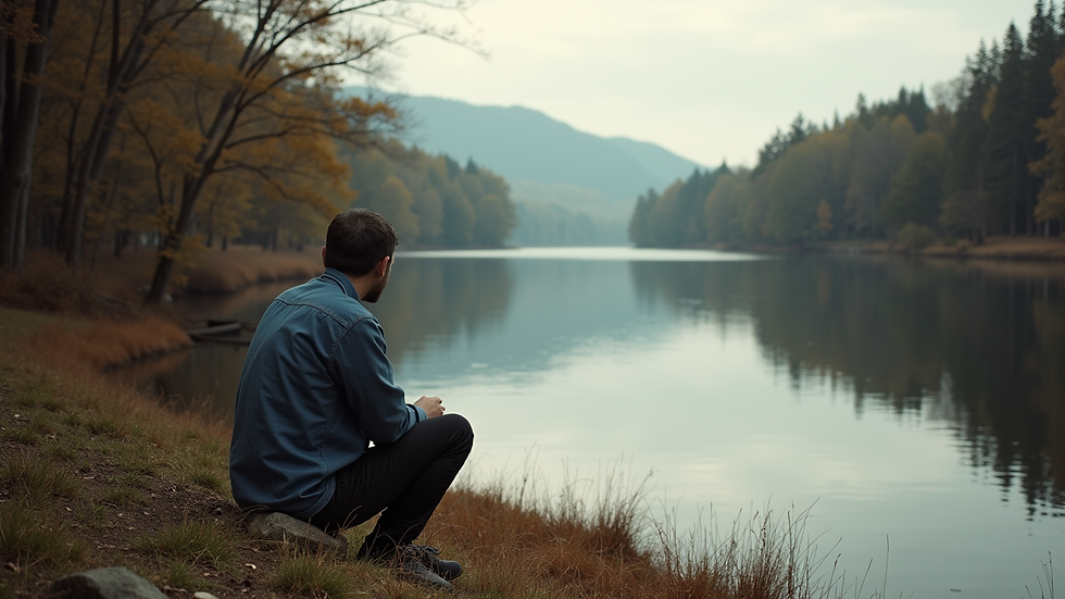 Eye-level view of a person sitting by a calm river surrounded by trees