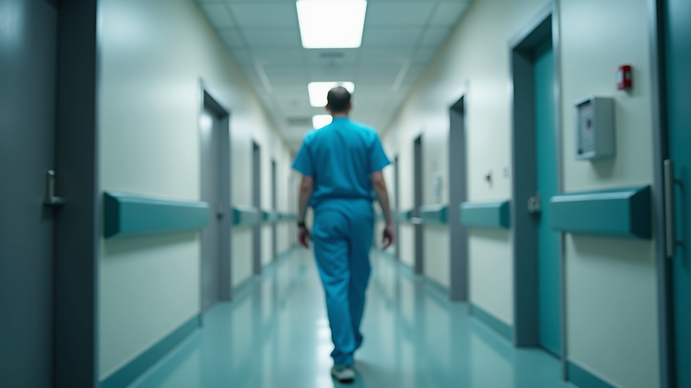 Eye-level view of hospital corridor with medical staff walking