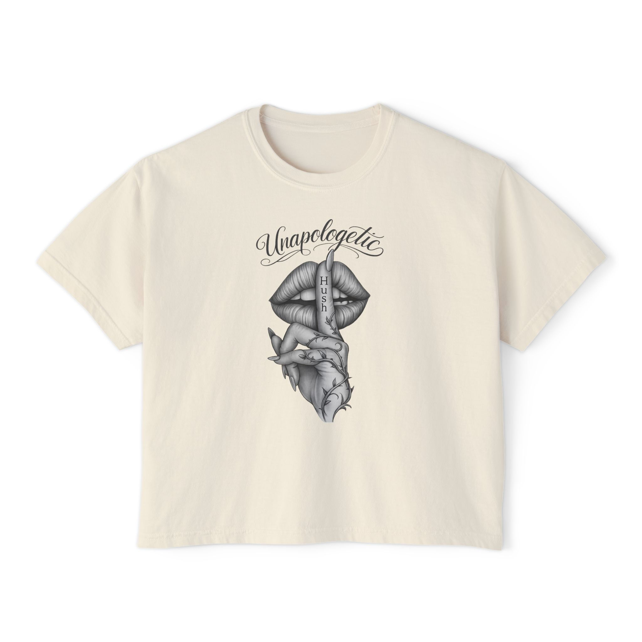 Unapologetic Graphic Tee — Women's Boxy T-Shirt with Shushing Lips & Heart