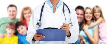 Family doctor holding clipboard with patients in background