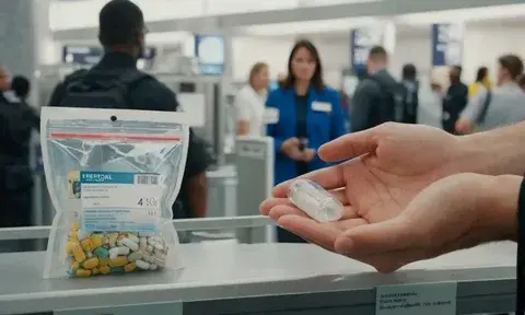 Person holding a pill container at an airport security checkpoint with a bag of medications nearby