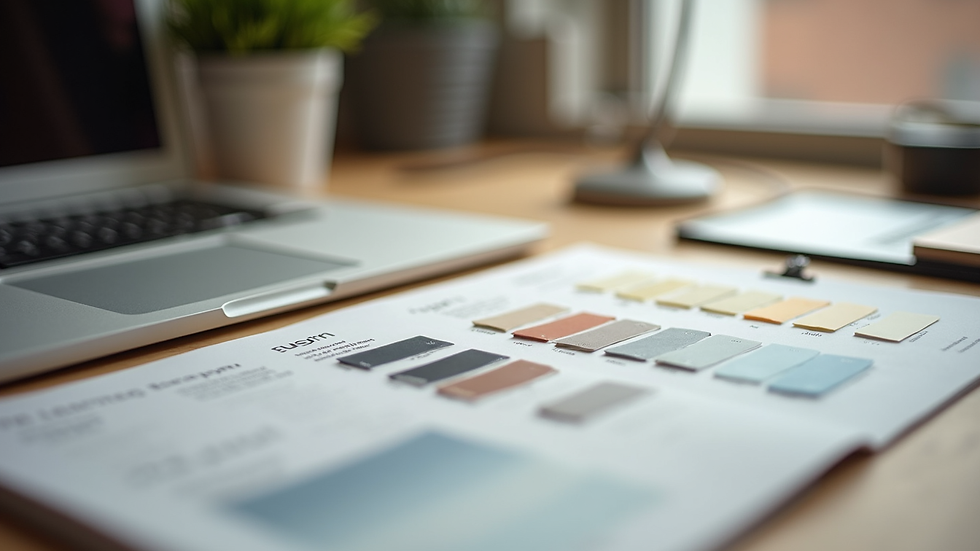 Close-up view of a designer’s desk with branding materials and color swatches