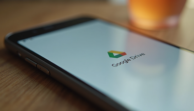 High angle view of a smartphone displaying Google Drive folders