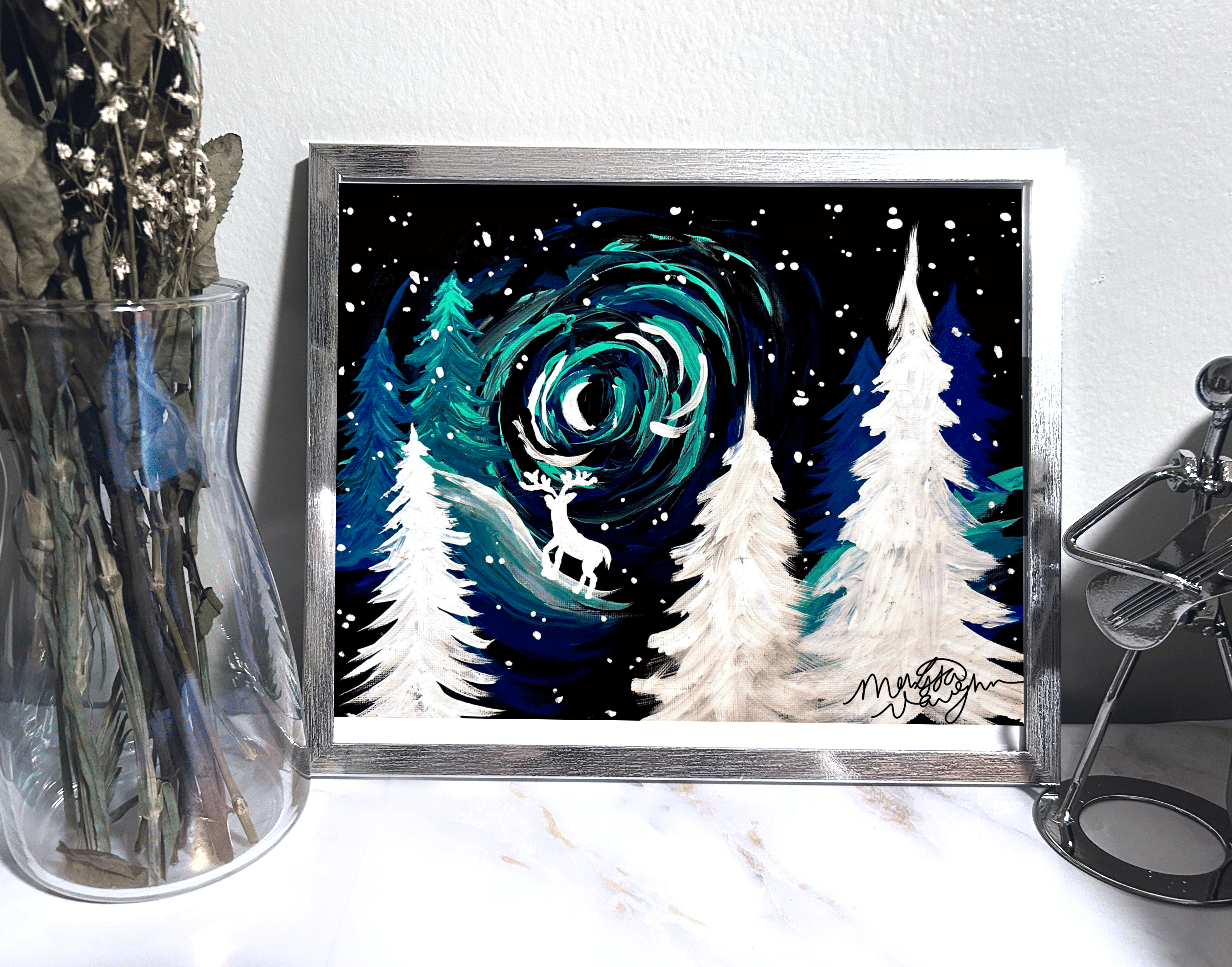 Starry winter night painting print; sized 8.5 x 11" poster wall art