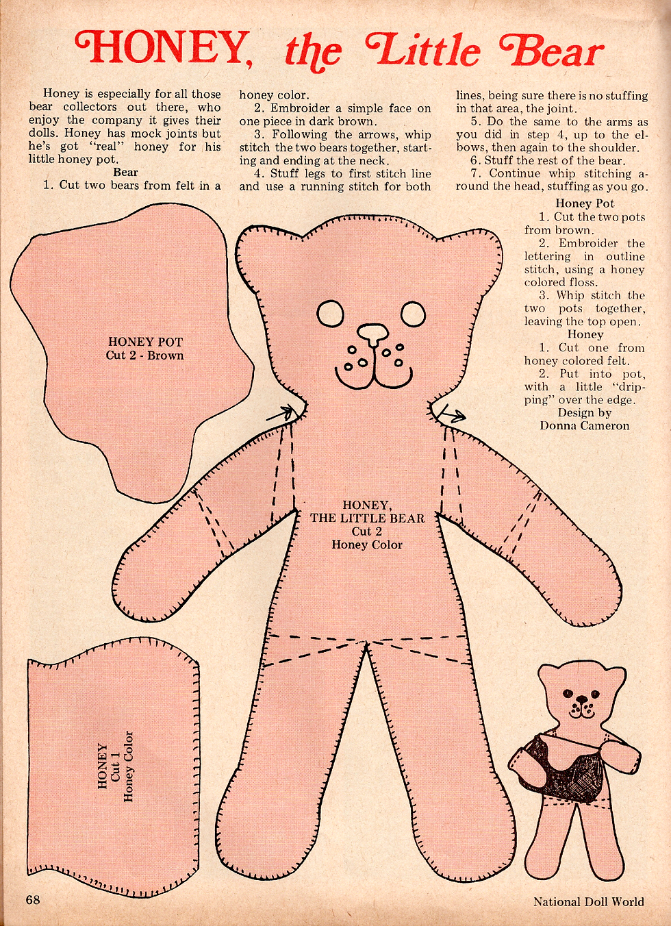 A vintage sewing pattern for a felt teddy bear holding a honey pot.