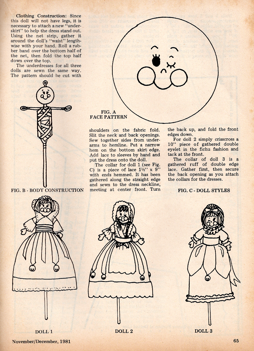 A vintage sewing pattern showcasing a legless doll with three outfits.