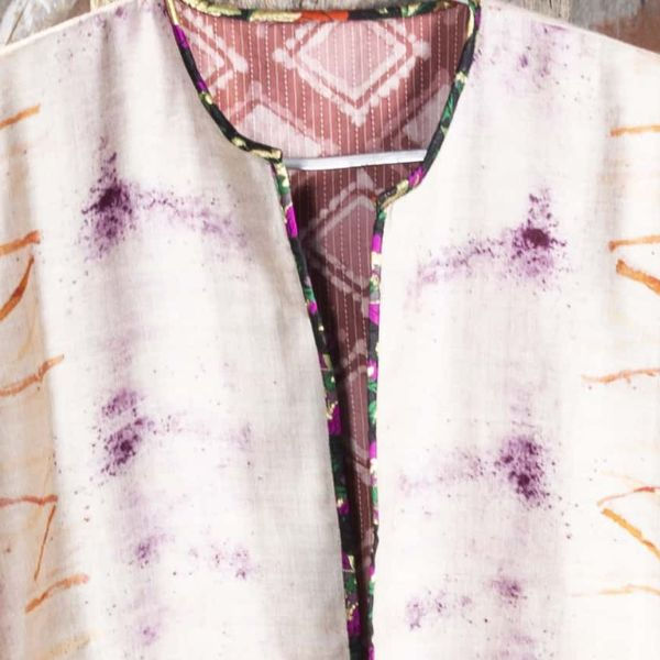 Thumbnail: neckline of Bageeya "Sutra soiree" Reversible Handwoven Tussar cotton Pasban Jacket |