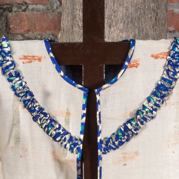 Thumbnail: neckline one side of Bageeya "Chintz Chameli" Reversible Handwoven Tussar cotton Pasban Jacket |