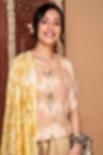 Front posing model image of Bageeya “Blushed” Khadi Organic Cotton Crop Top, Crafted with Sacred Temple catechu and Amrud"