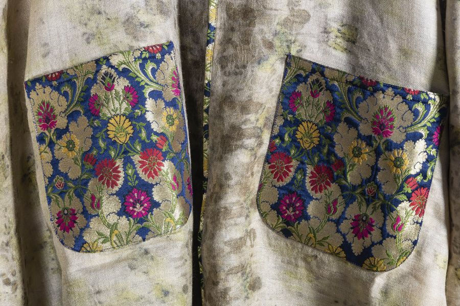 Thumbnail: Brocade Pockets of Bageeya "Rumi" Reversible Handwoven Tussar cotton Jacket | Crafted with Rose