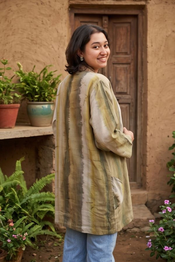 Thumbnail: Bageeya "Herbal Hippie" Handwoven Tussar cotton jacket | Harda & Indigo