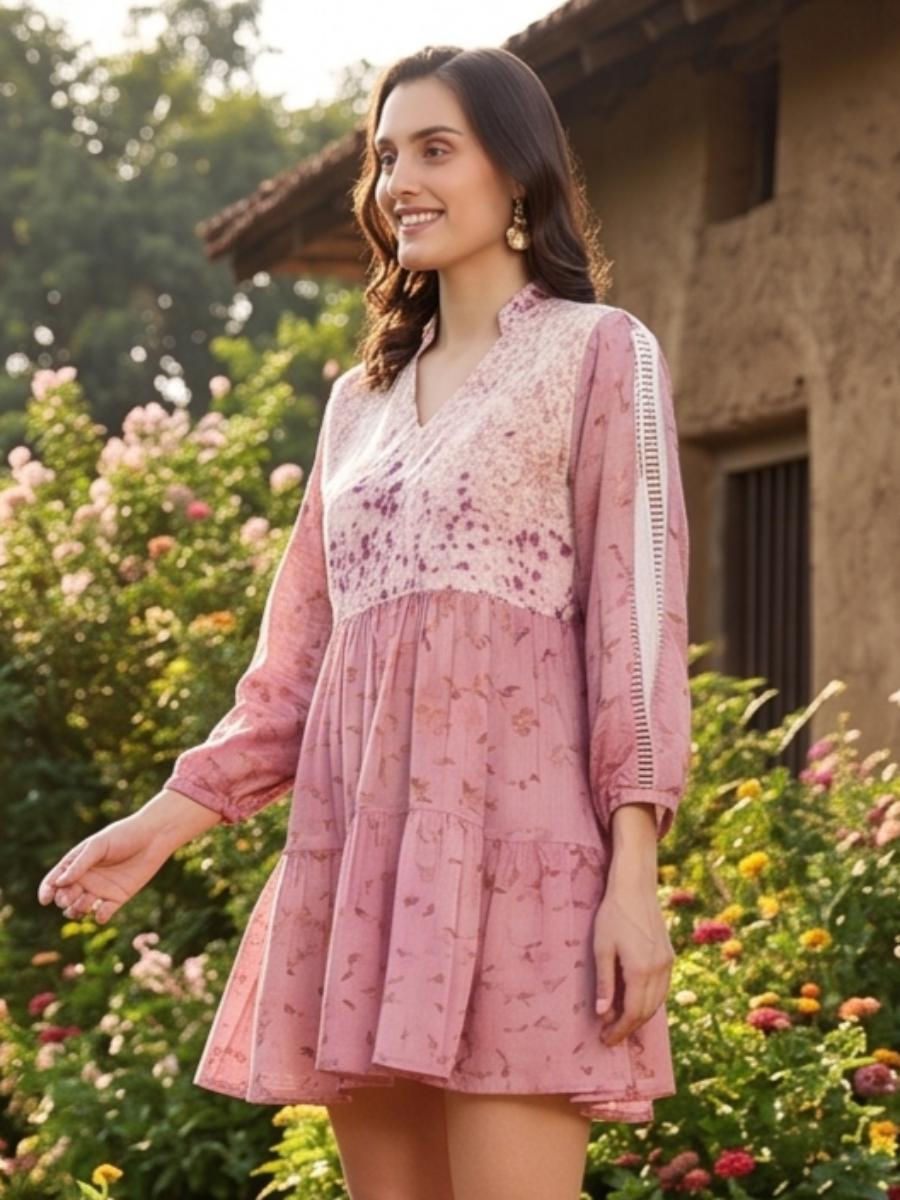 Bageeya "Hanabira” Natural Dyed Pure Mul Tiered Dress | Crafted with Lac, Mari