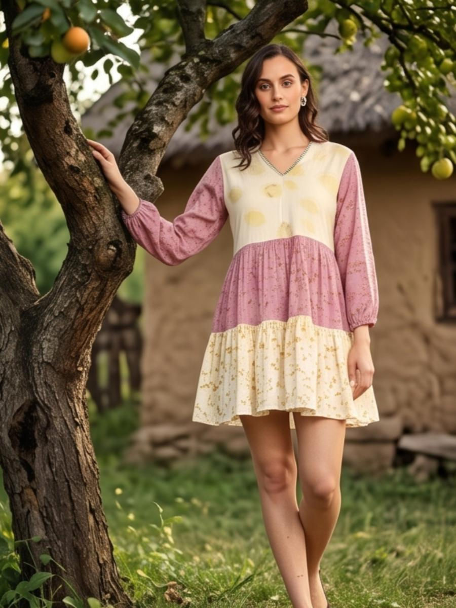Bageeya "Hanami" Organic Cambric Cotton  Tiered Dress | Crafted with Katha and Temple Rose