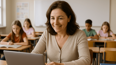 Female teacher at her laptop with students in the background.