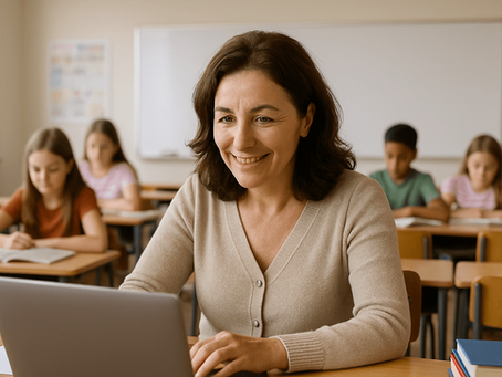 Female teacher at her laptop with students in the background.