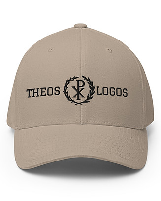 Closed back-structured cap in khaki THEOS PX LOGOS at the front in black font
